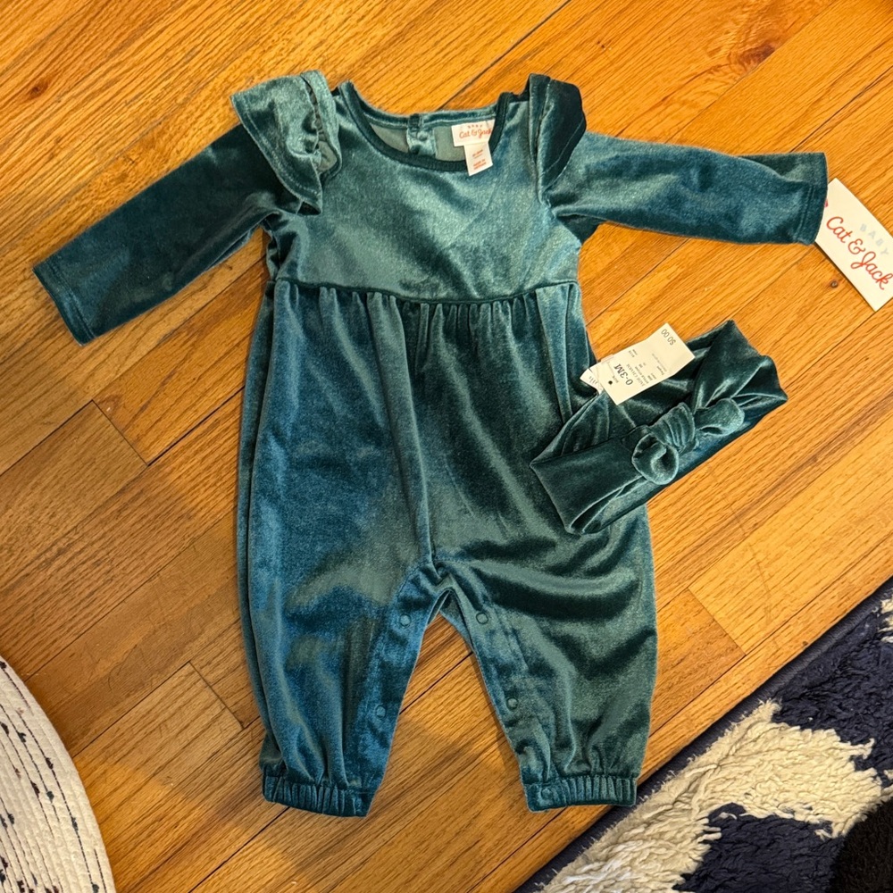 Cat & Jack Teal Velvet Baby Romper and Matching Headband